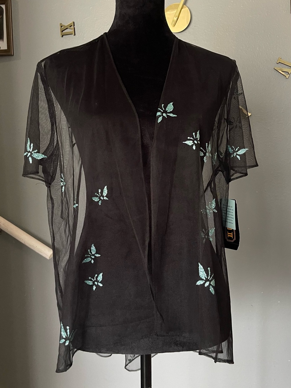 Virgo II Black Sheer Mesh Top with Butterfly Accent (Vintage)